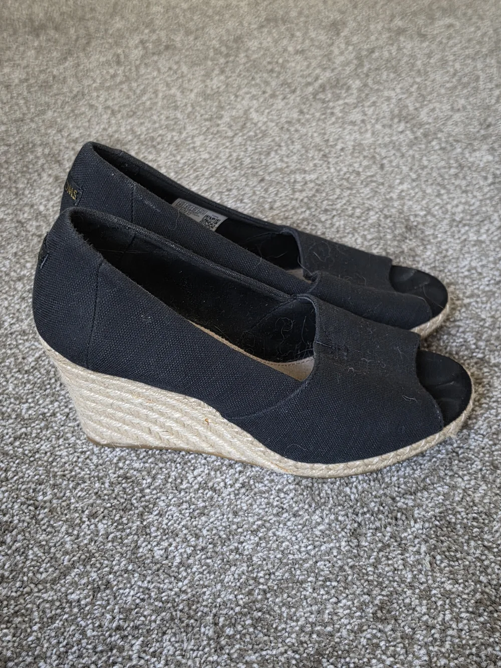 Toms Black Canvas Peep-Toe Espadrille Wedges